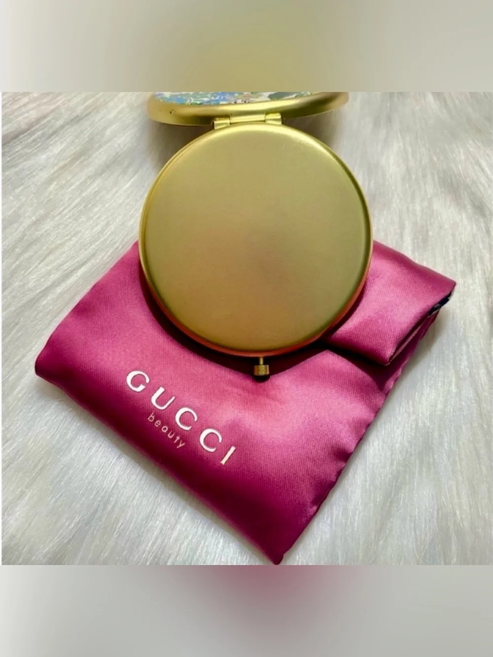 Gucci Gold Floral Compact Mirror with Multicolor Flower Print